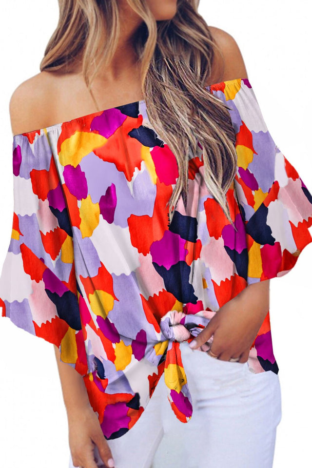 Tied Printed Off-Shoulder Half Sleeve Blouse.