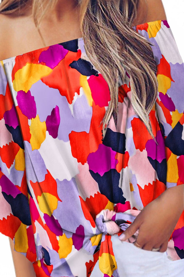 Tied Printed Off-Shoulder Half Sleeve Blouse.