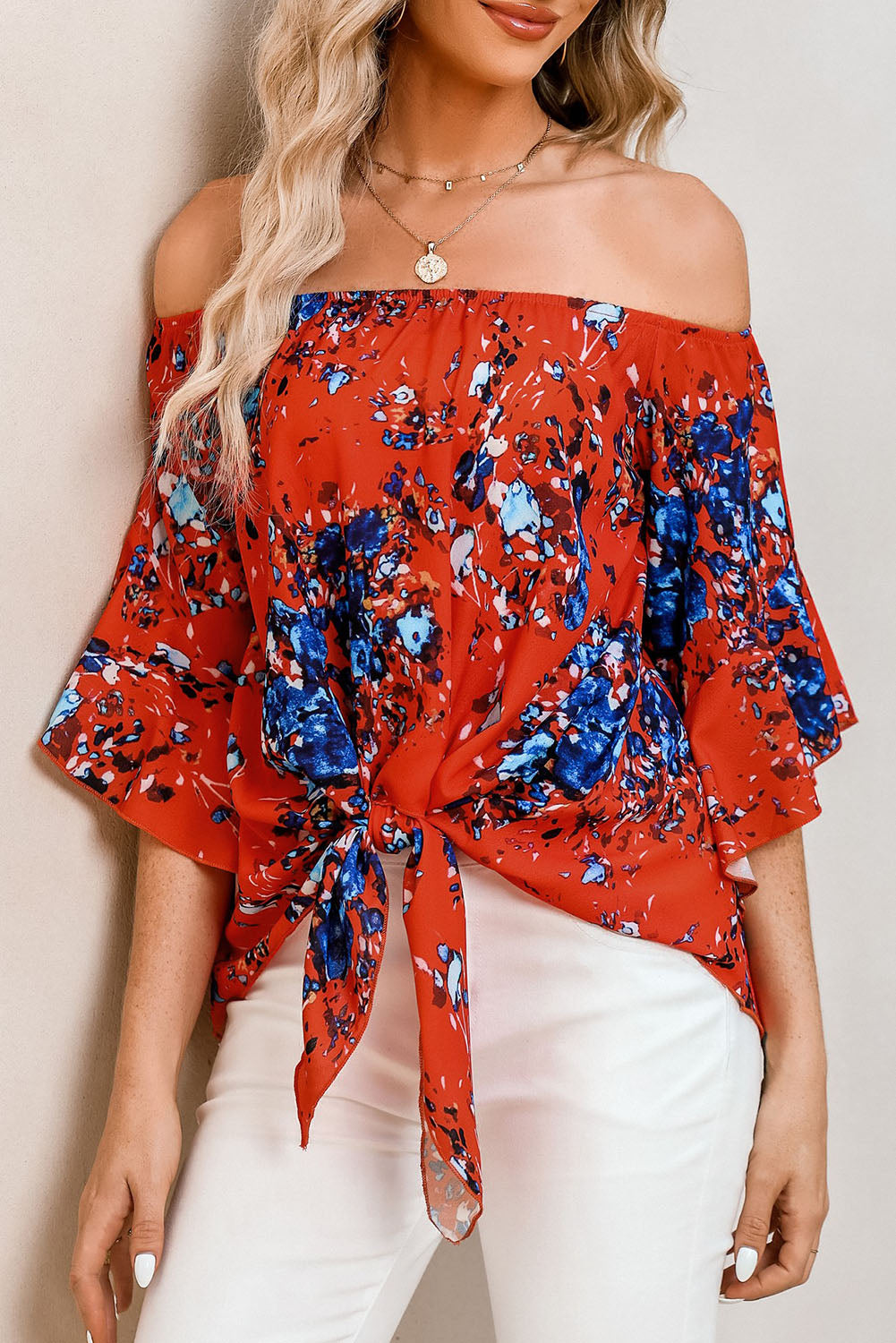Tied Printed Off-Shoulder Half Sleeve Blouse.
