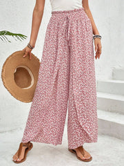 Tied printed wide leg pants with slit, opaque.