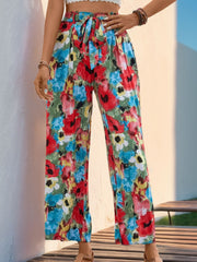 Tied printed wide leg pants with pockets, opaque.