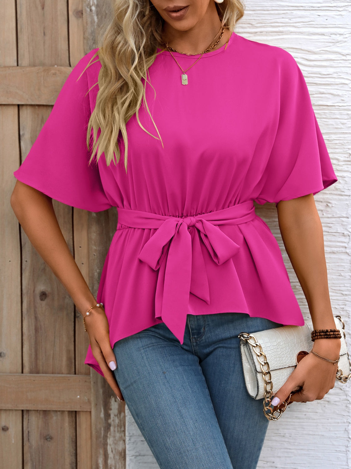 Ivy Lane Tied Round Neck Half Sleeve Blouse.