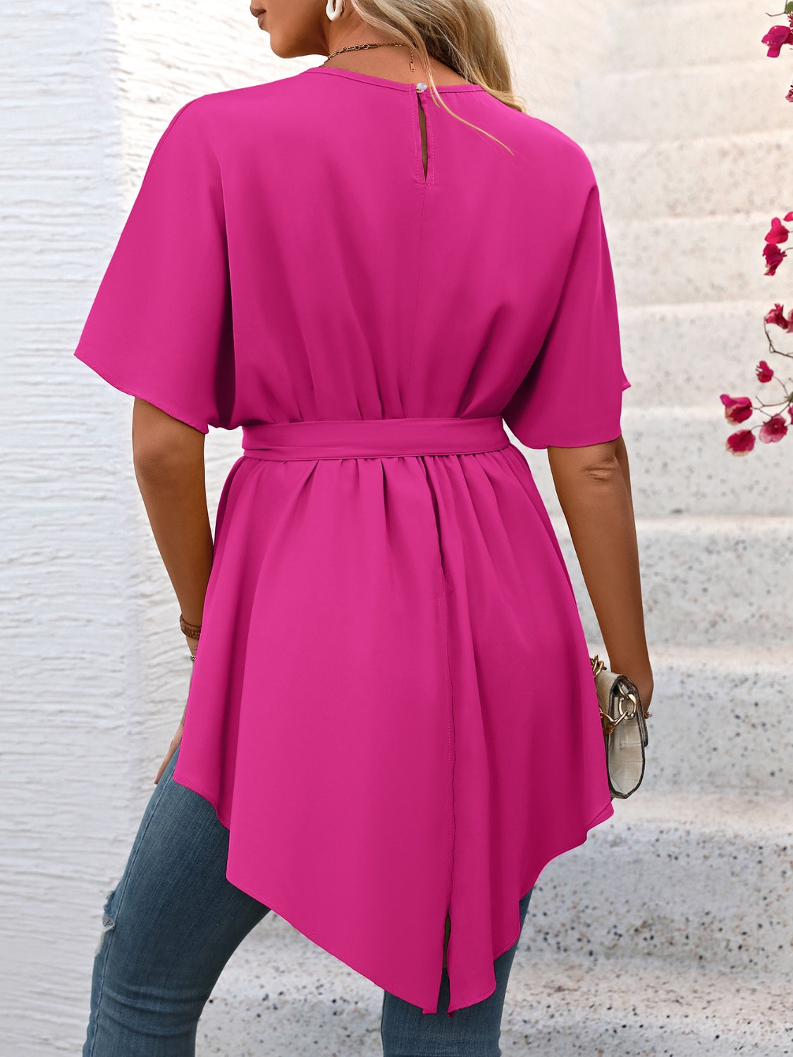 Ivy Lane Tied Round Neck Half Sleeve Blouse.