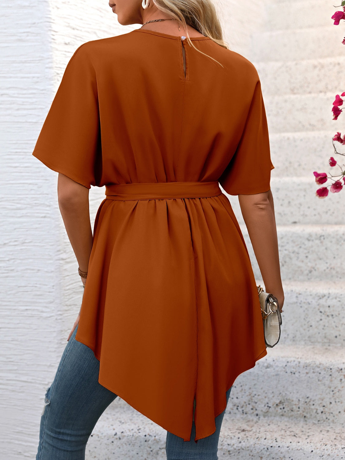 Ivy Lane Tied Round Neck Half Sleeve Blouse.