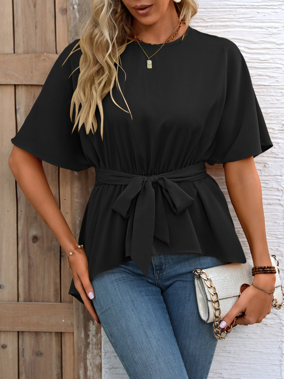 Ivy Lane Tied Round Neck Half Sleeve Blouse.