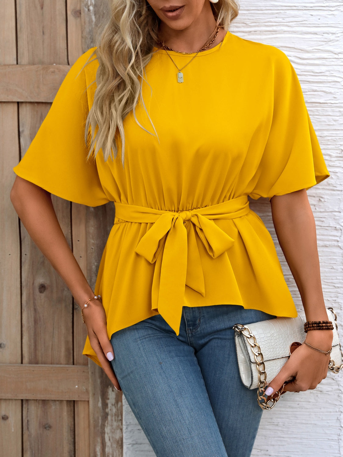 Ivy Lane Tied Round Neck Half Sleeve Blouse.