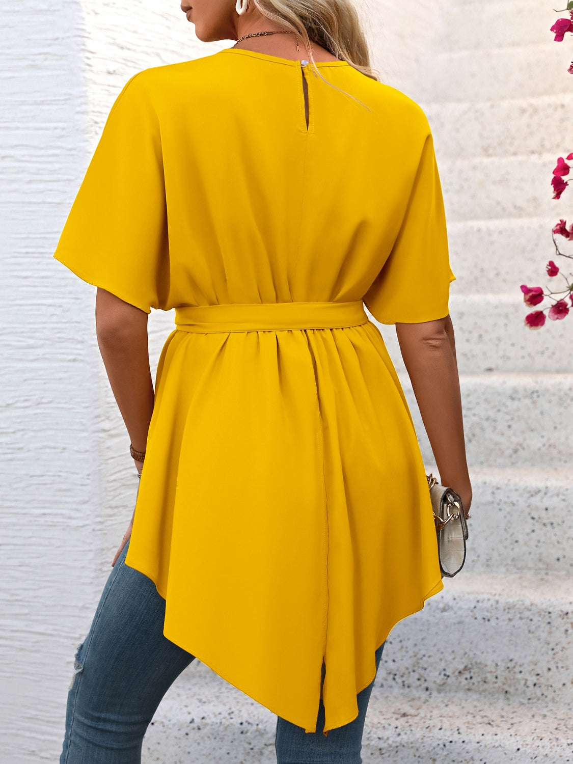 Ivy Lane Tied Round Neck Half Sleeve Blouse.
