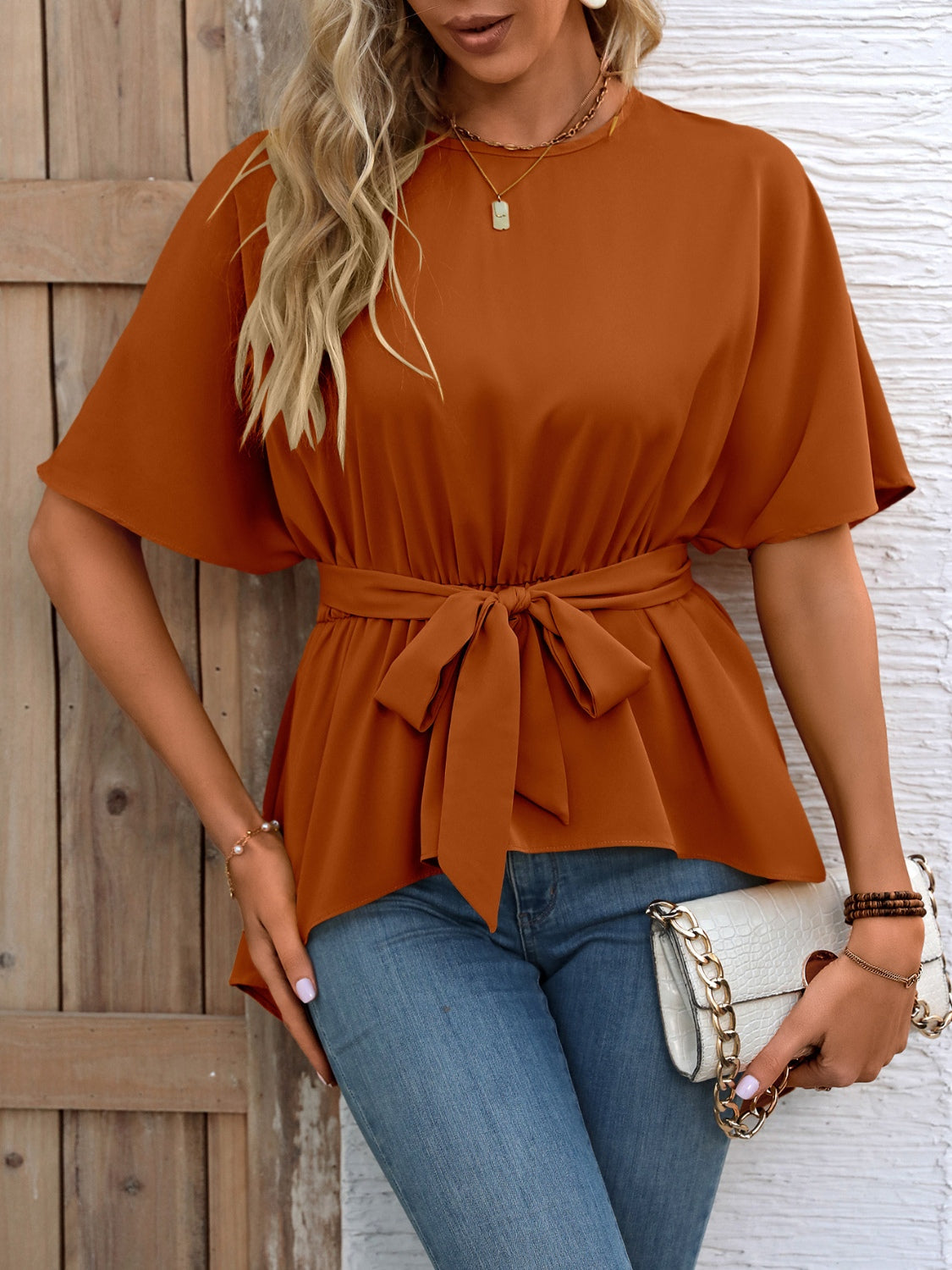 Ivy Lane Tied Round Neck Half Sleeve Blouse.