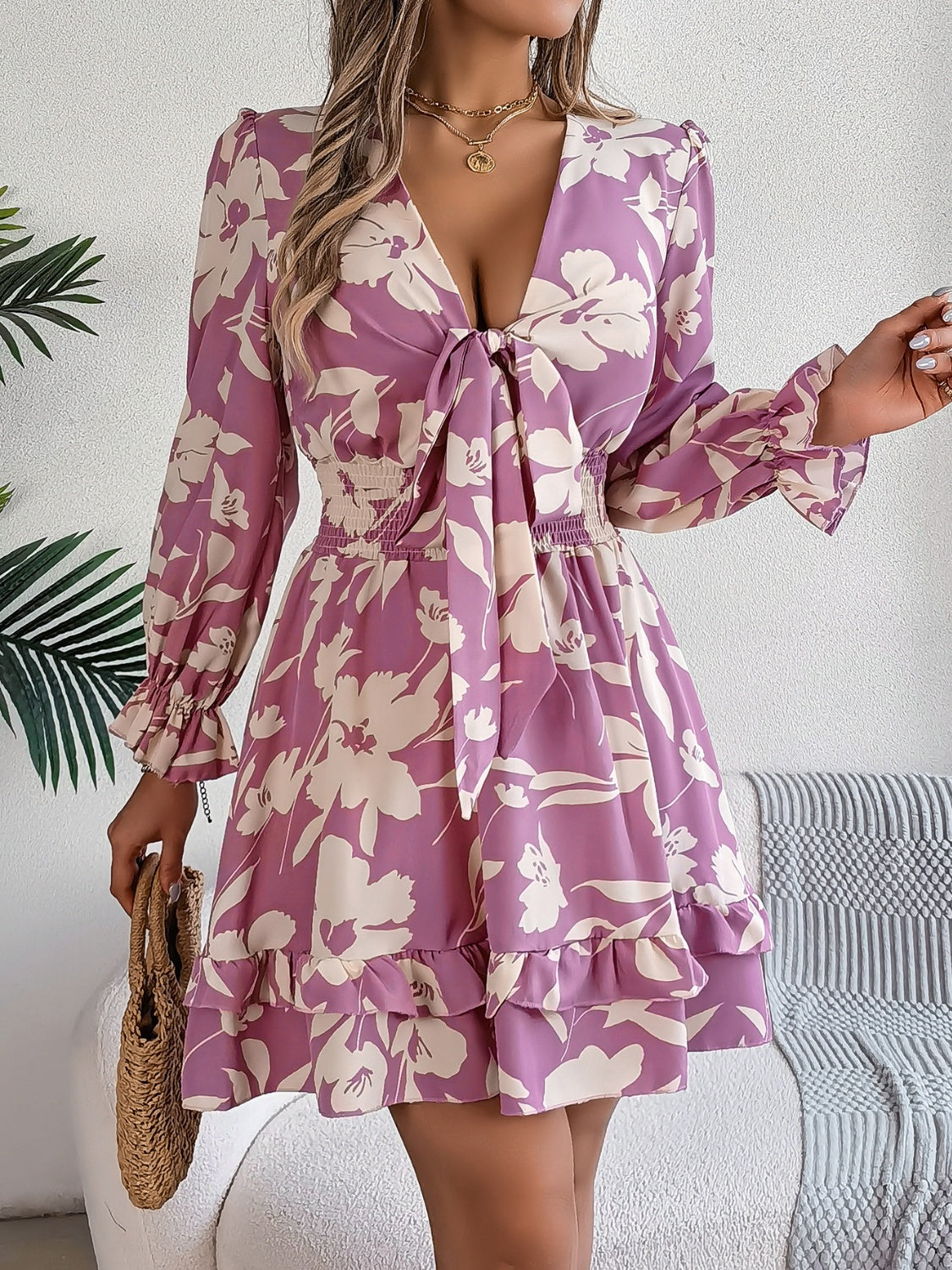 Tied Ruffled Printed Long Sleeve Dress.
