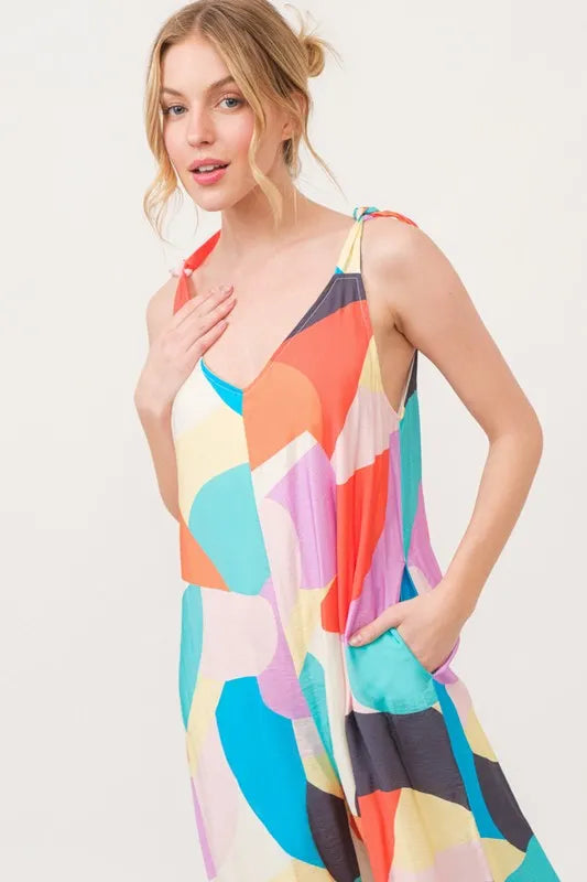 Tied Shoulder Straps Wide-Leg Geo Print Jumpsuit with Pockets.