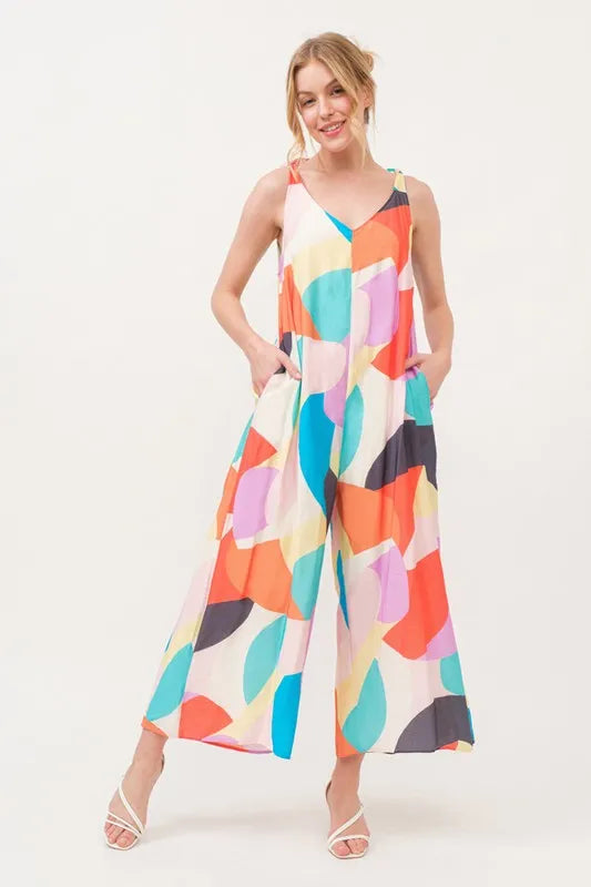 Tied Shoulder Straps Wide-Leg Geo Print Jumpsuit with Pockets.