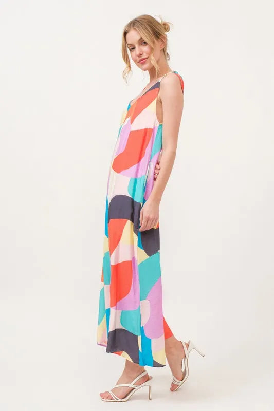 Tied Shoulder Straps Wide-Leg Geo Print Jumpsuit with Pockets.