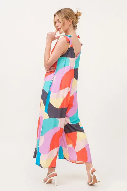 Tied Shoulder Straps Wide-Leg Geo Print Jumpsuit with Pockets.
