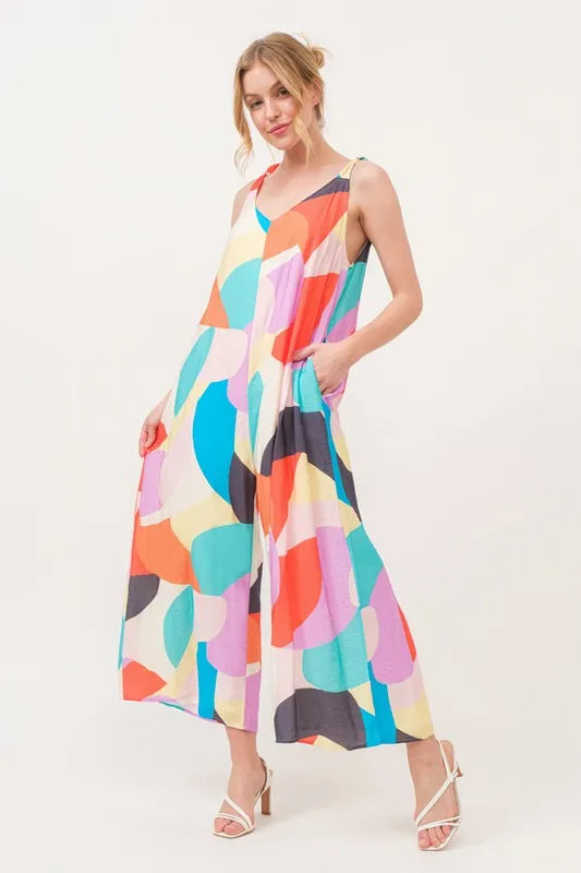 Tied Shoulder Straps Wide-Leg Geo Print Jumpsuit with Pockets.