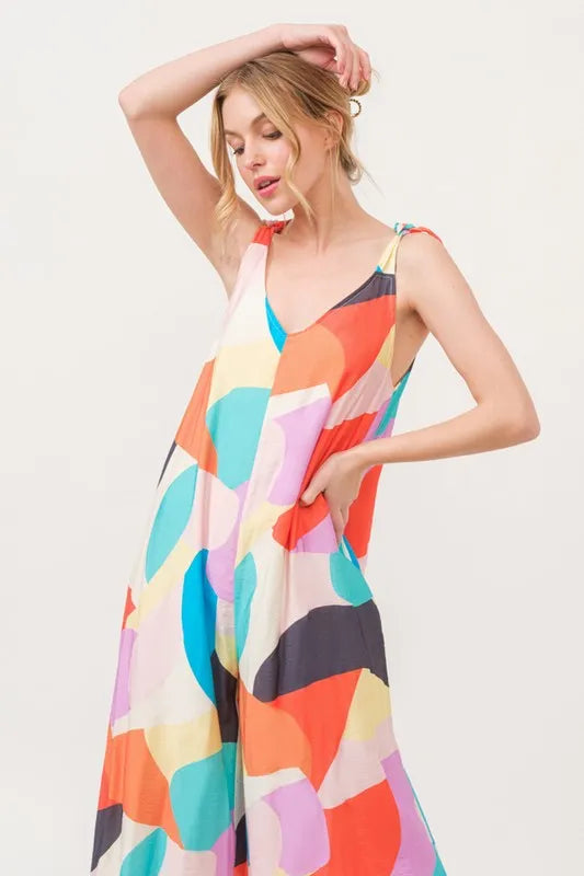 Tied Shoulder Straps Wide-Leg Geo Print Jumpsuit with Pockets.