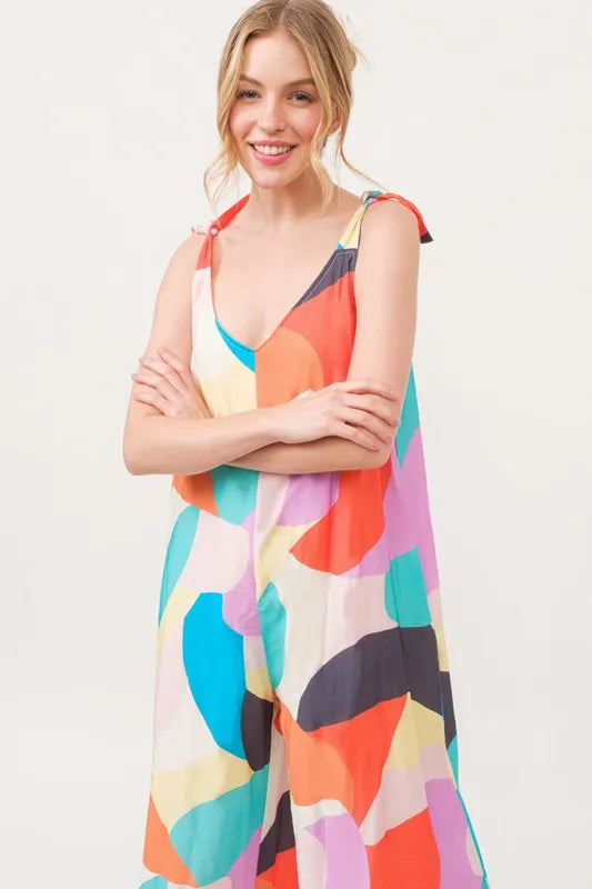 Tied Shoulder Straps Wide-Leg Geo Print Jumpsuit with Pockets.