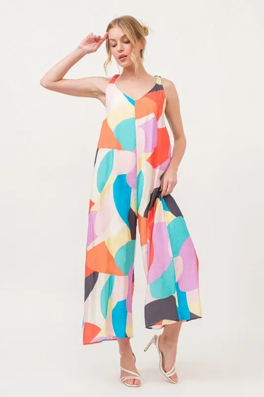 Tied Shoulder Straps Wide-Leg Geo Print Jumpsuit with Pockets.