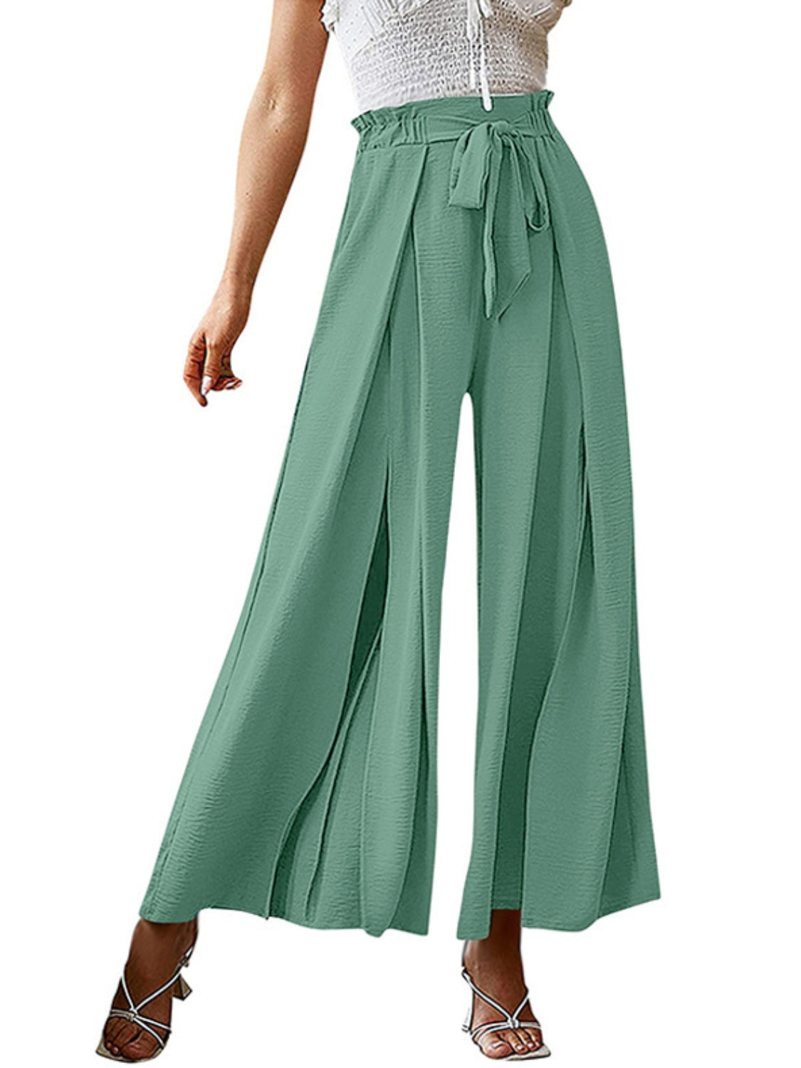 Tied slit wide leg pants, opaque.
