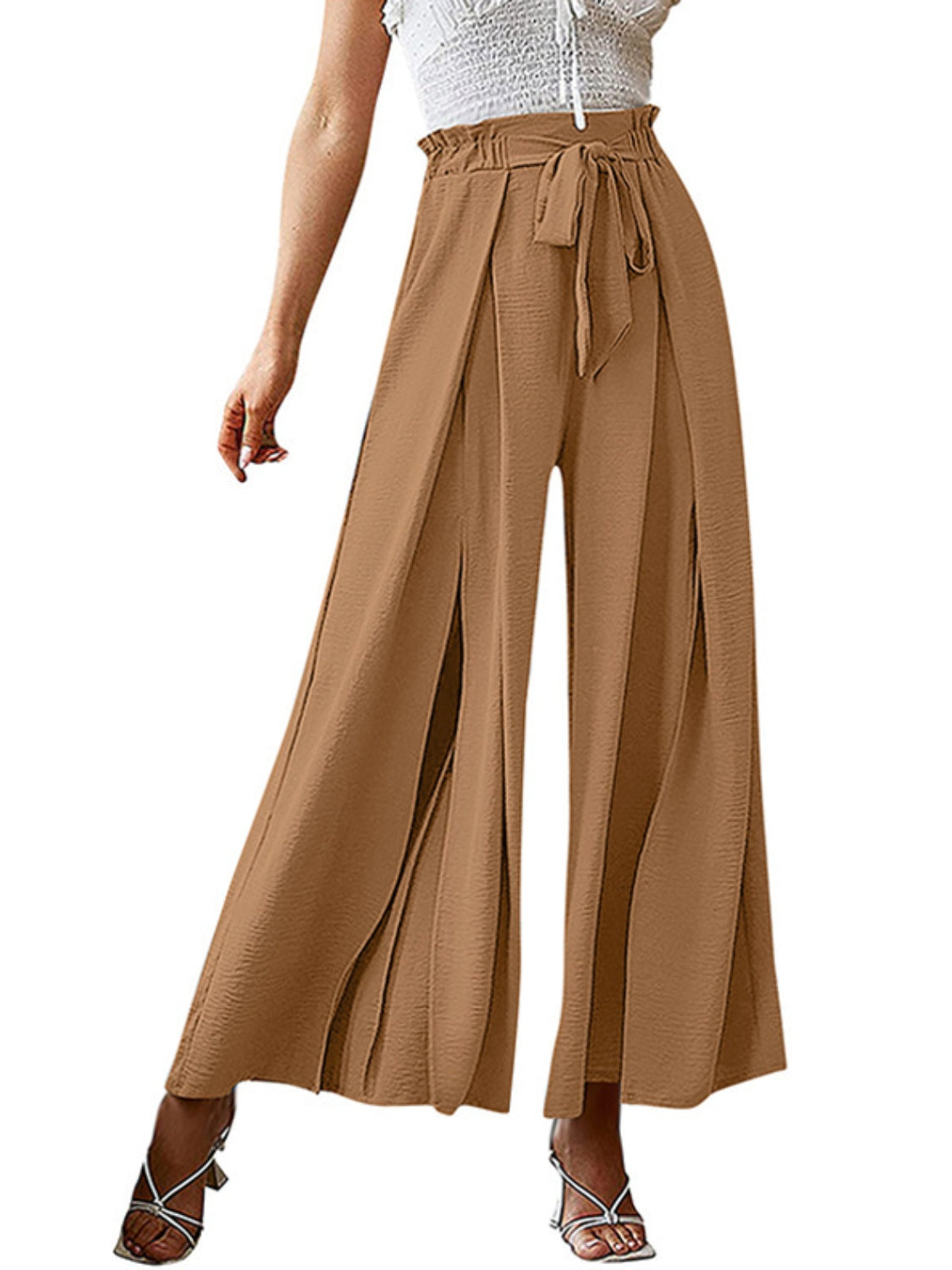 Tied slit wide leg pants, opaque.