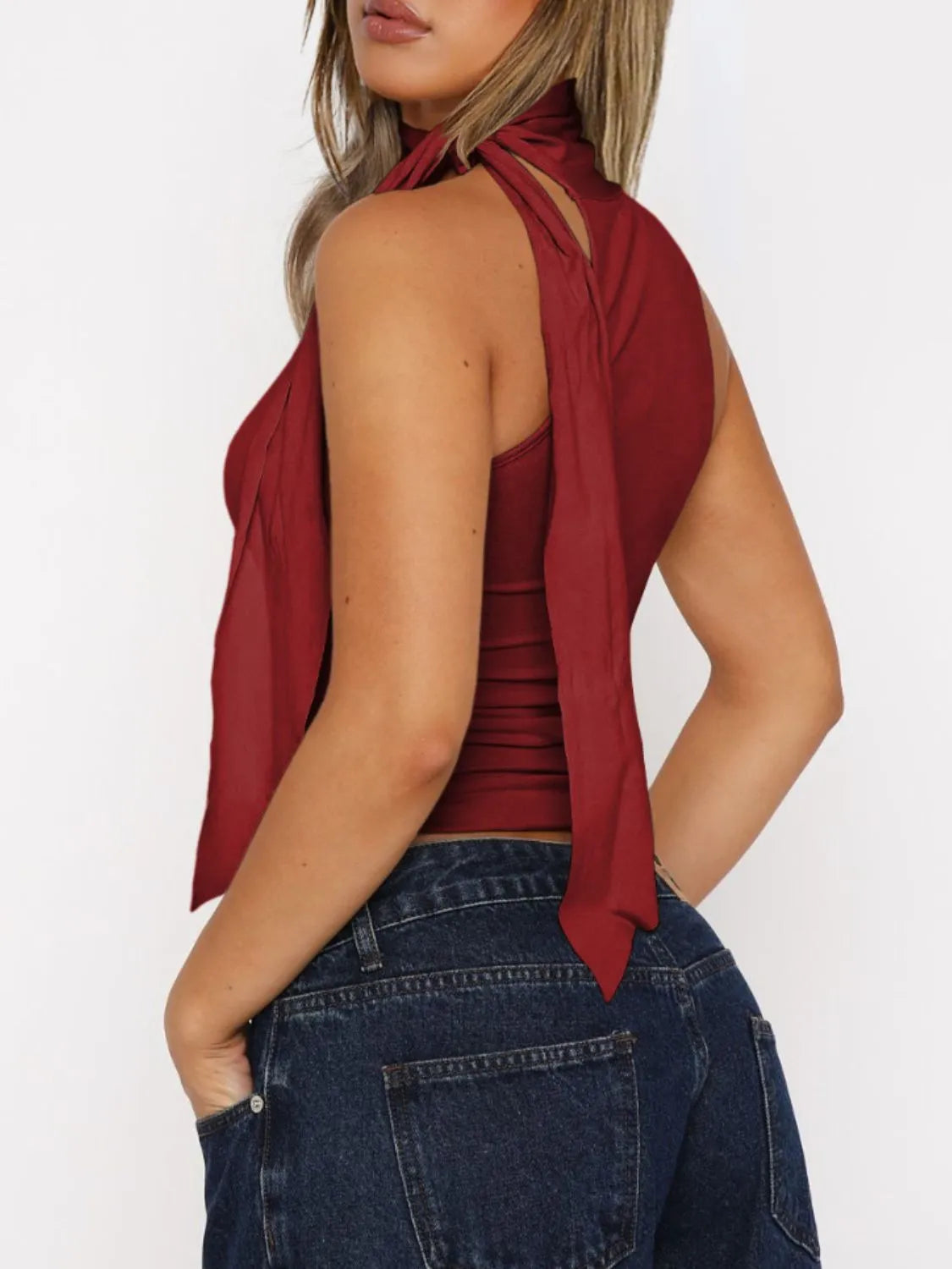 Tied solid color cami, slightly stretchy.