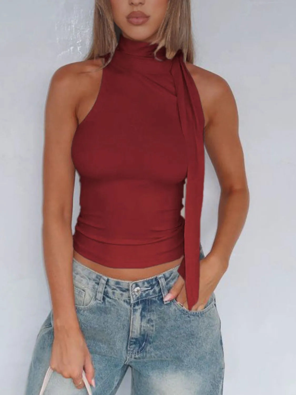 Tied solid color cami, slightly stretchy.