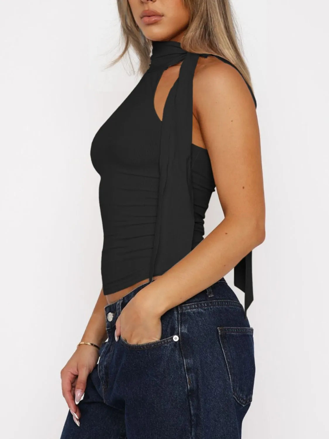 Tied solid color cami, slightly stretchy.