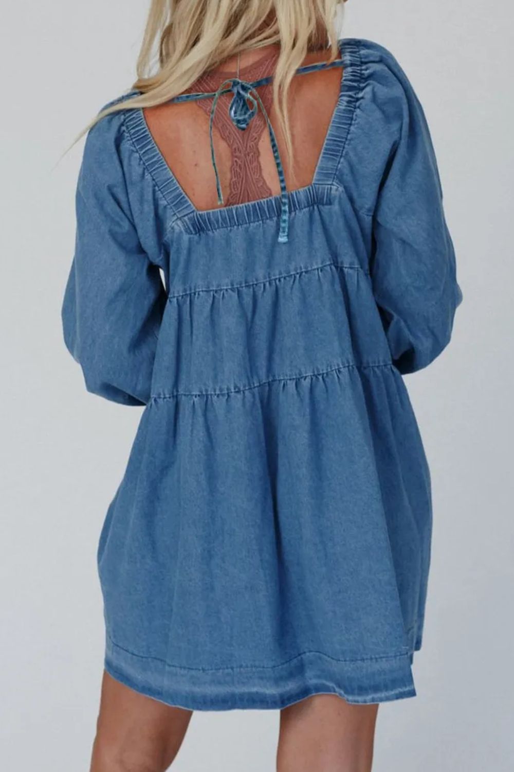 Tied Square Neck Long Sleeve Denim Dress with Pockets.