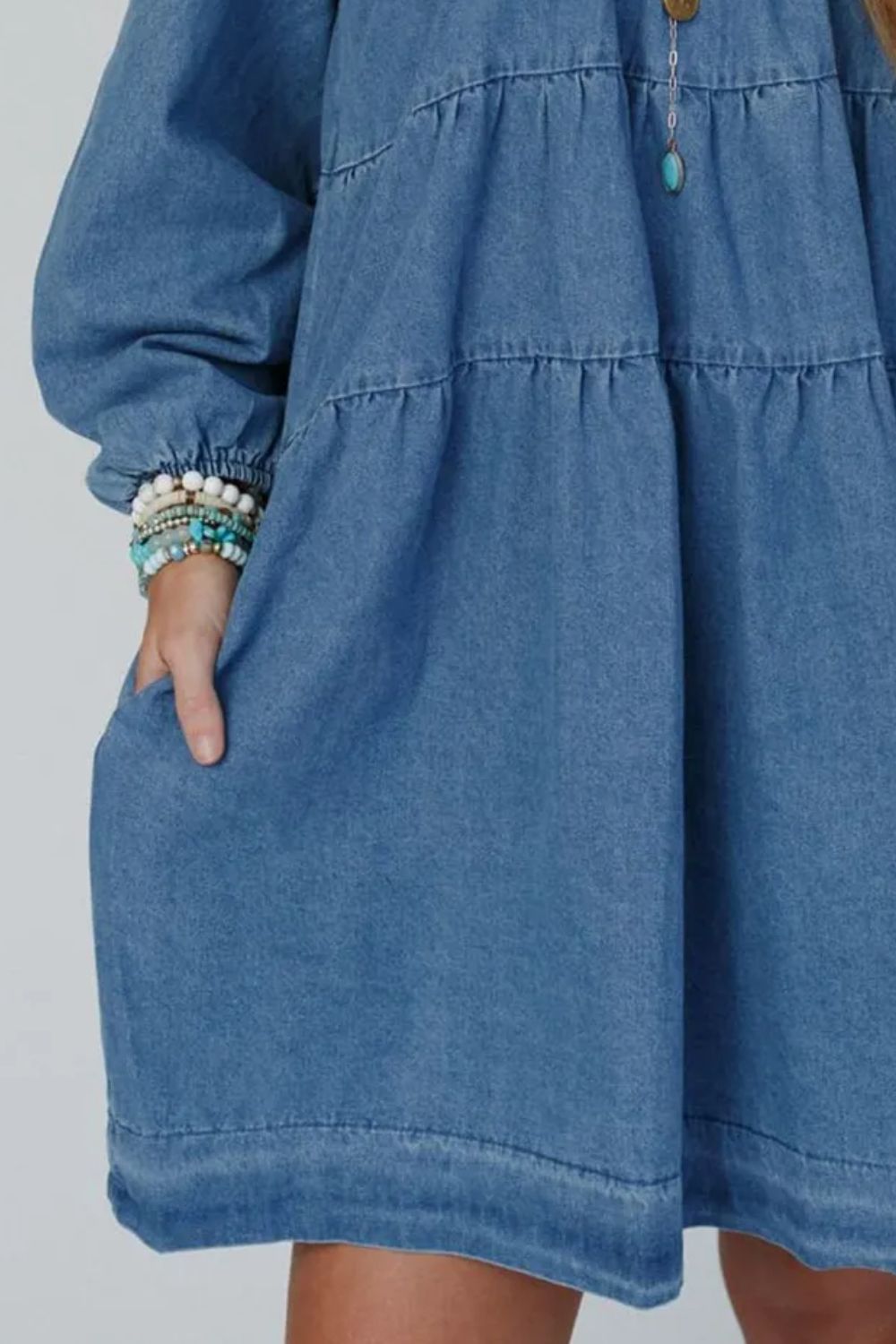 Tied Square Neck Long Sleeve Denim Dress with Pockets.