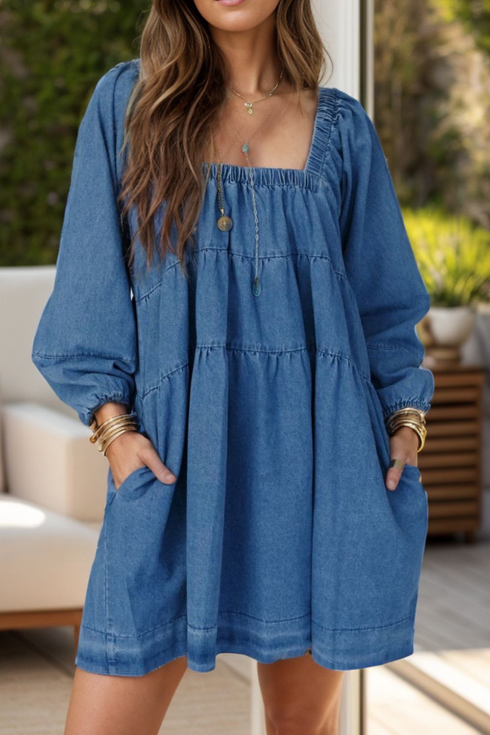 Tied Square Neck Long Sleeve Denim Dress with Pockets.