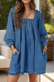 Tied Square Neck Long Sleeve Denim Dress with Pockets.