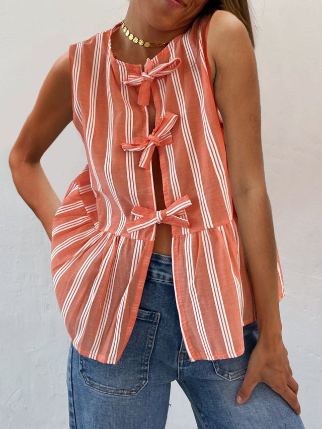 Tied striped round neck tank, opaque.