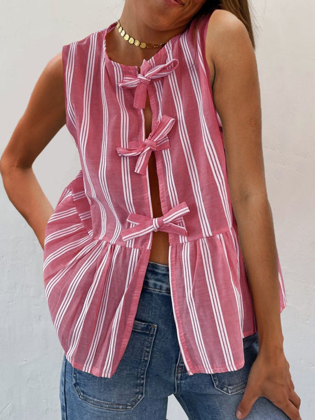 Tied striped round neck tank, opaque.