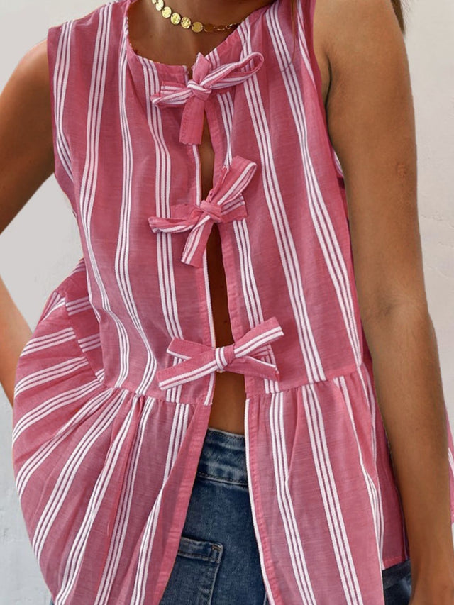 Tied striped round neck tank, opaque.