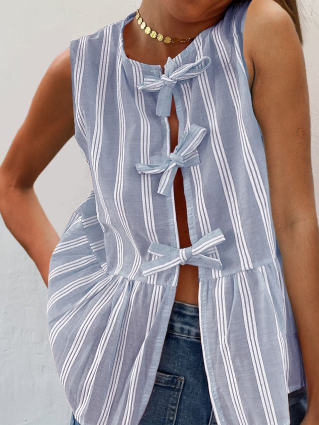 Tied striped round neck tank, opaque.