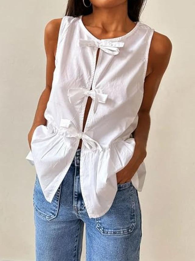 Tied striped round neck tank, opaque.