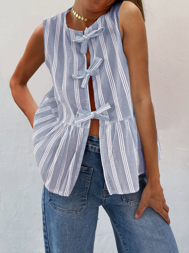 Tied striped round neck tank, opaque.