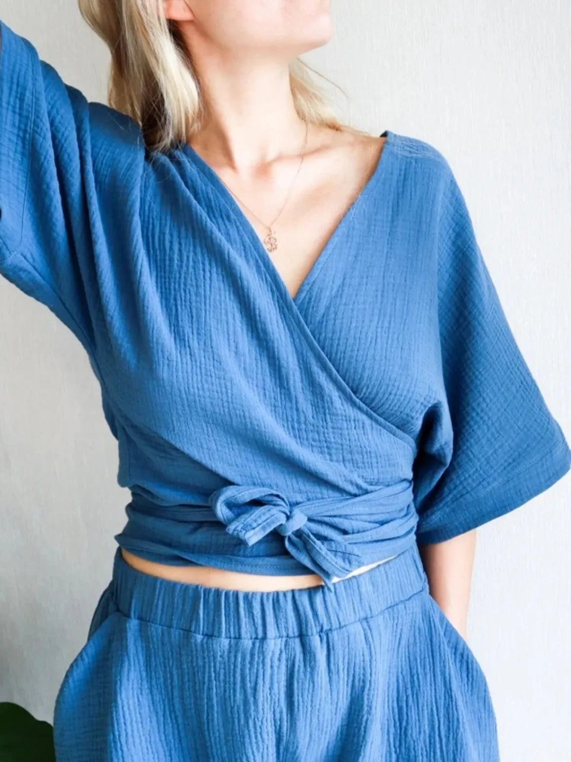 Tied Textured Half Sleeve Blouse