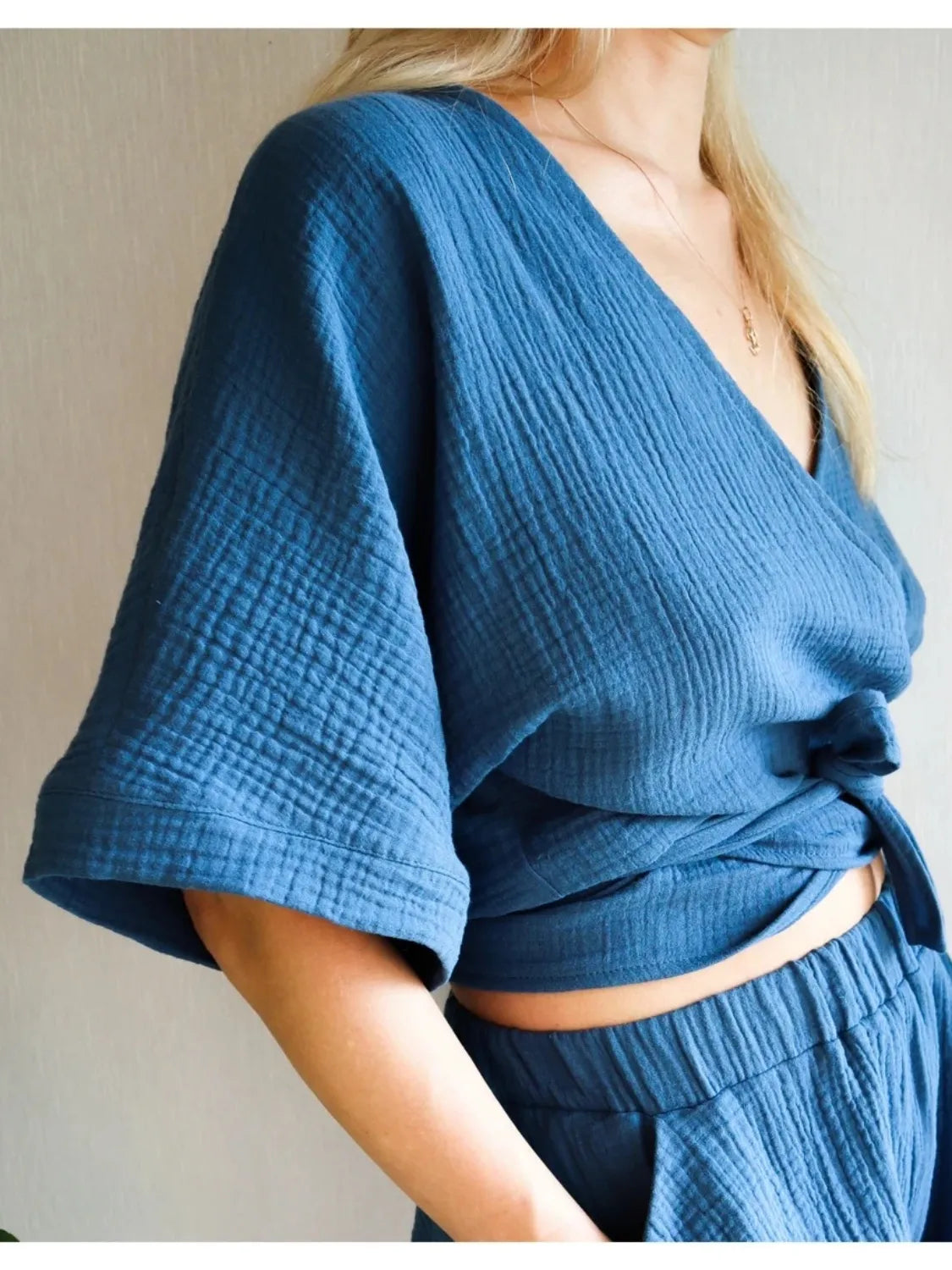 Tied Textured Half Sleeve Blouse