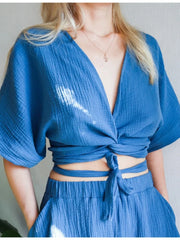 Tied Textured Half Sleeve Blouse