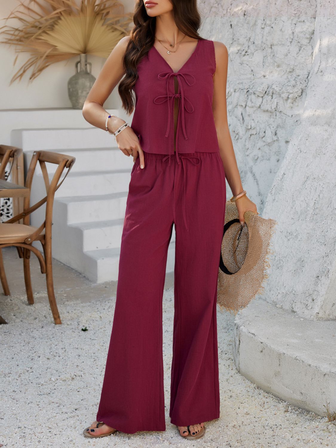 Devine Tied V-Neck Sleeveless Top and Pants Set.