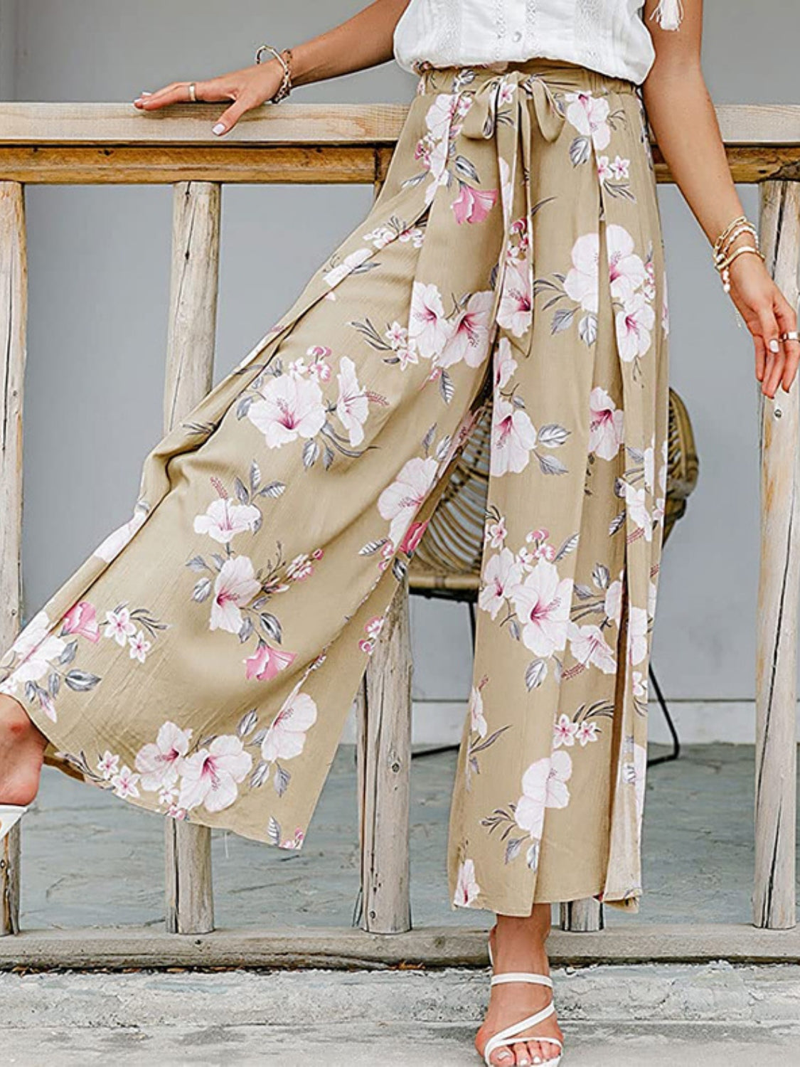 Tied waist slit floral wide leg pants, opaque.
