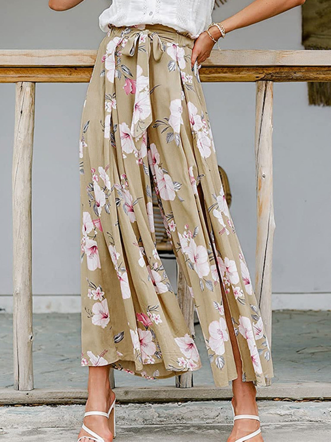 Tied waist slit floral wide leg pants, opaque.