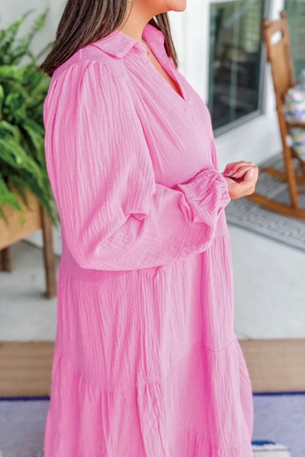 Tiered Johnny Collar Long Sleeve Dress.