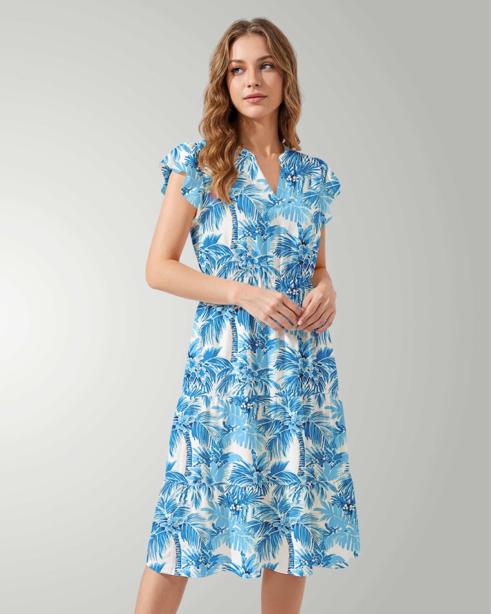Tiered Midi Dress - Blue Palms