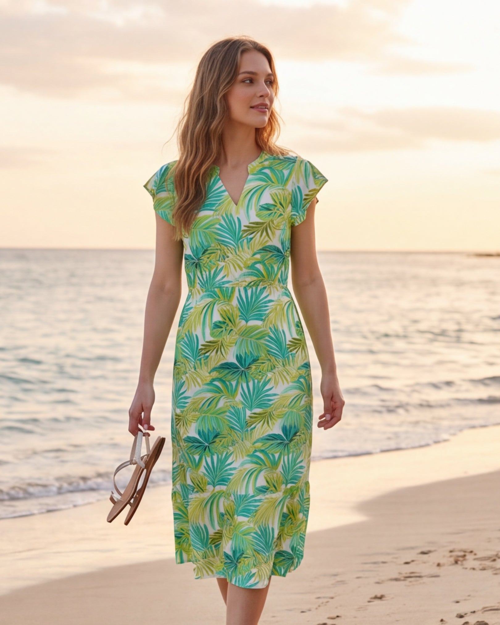 Tiered Midi Dress - Green Palms
