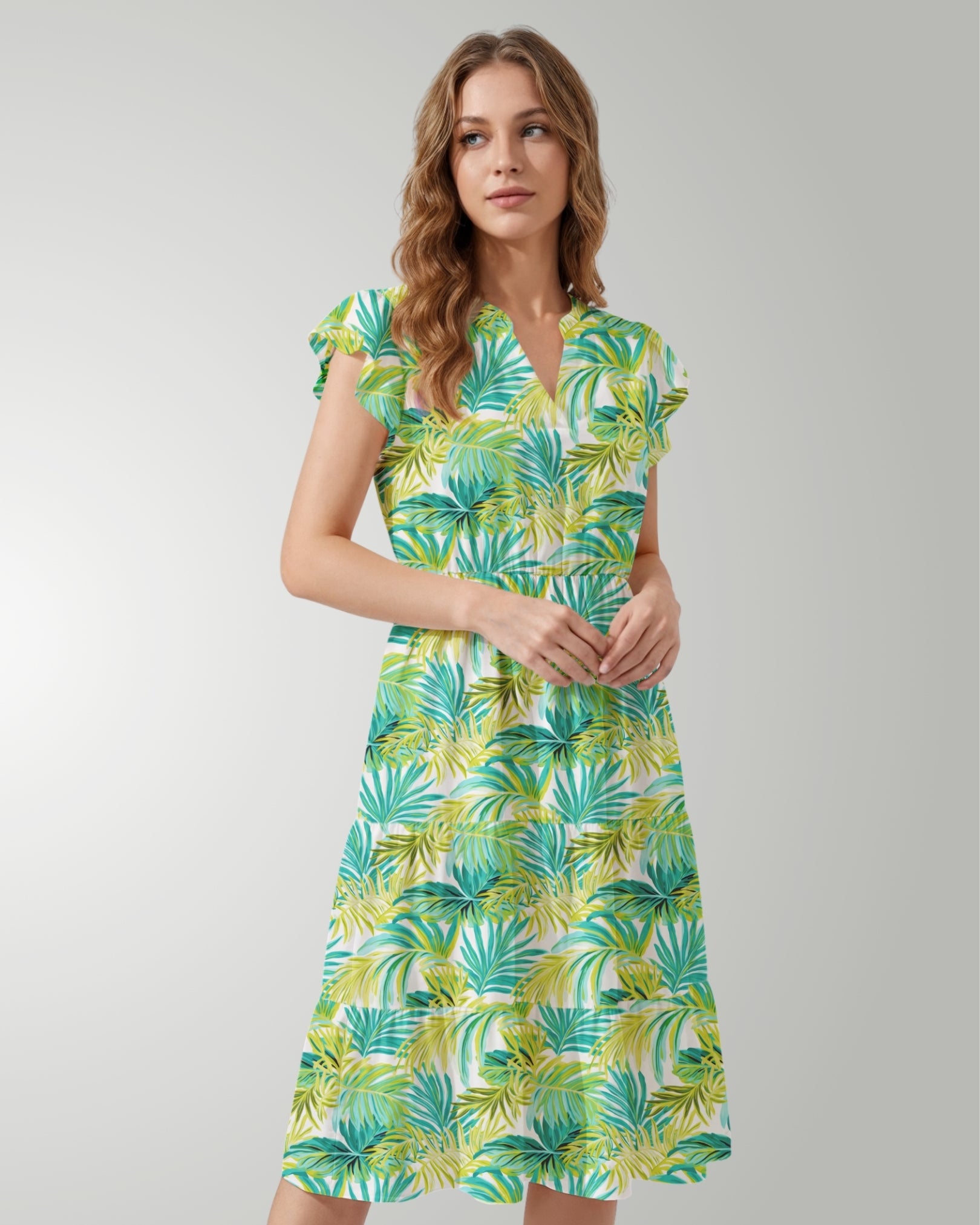 Tiered Midi Dress - Green Palms