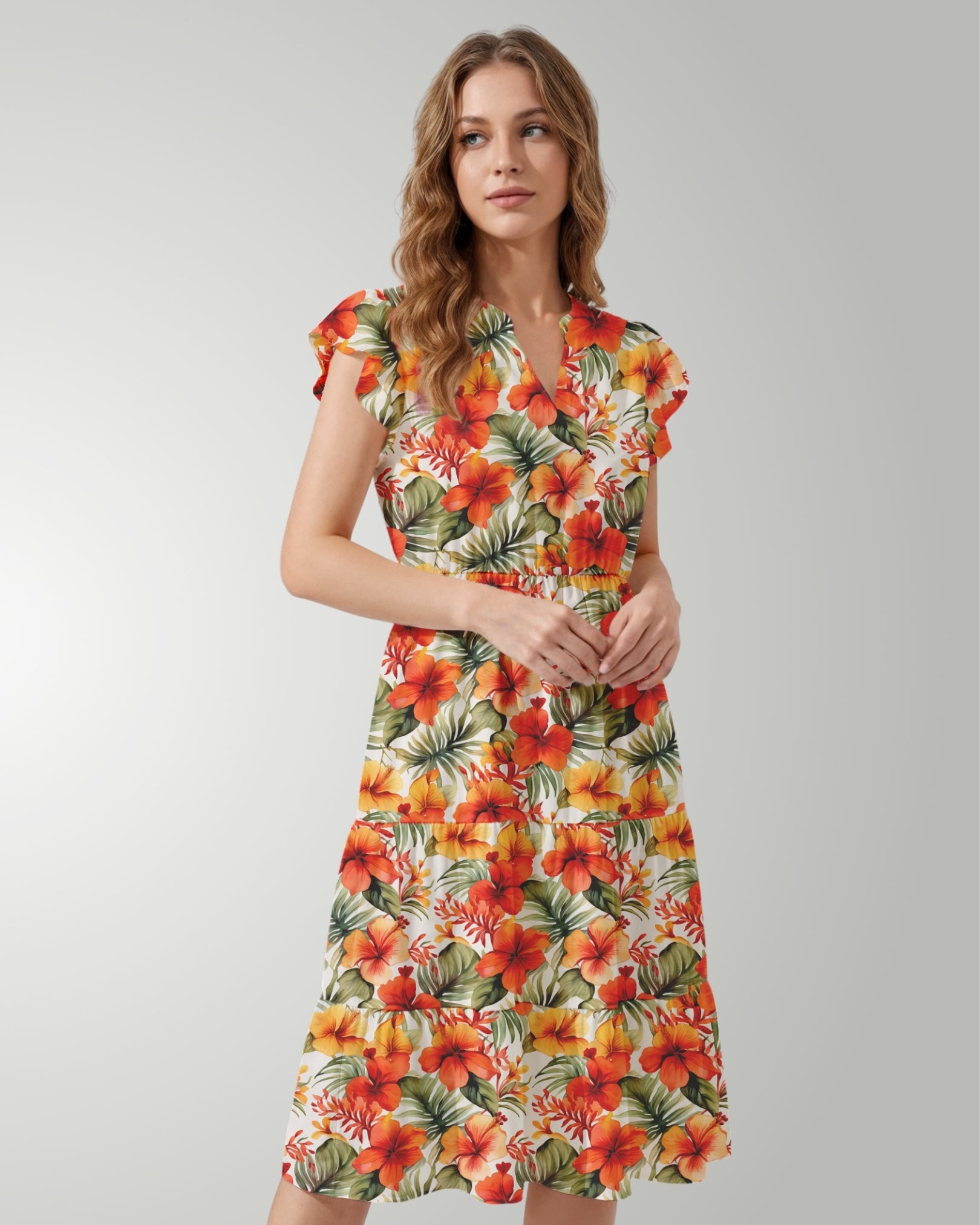 Tiered Midi Dress - Sunset Bloom