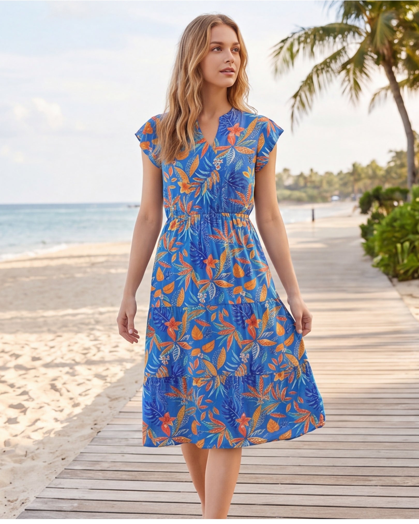 Tiered Midi Dress - Tropical Escape