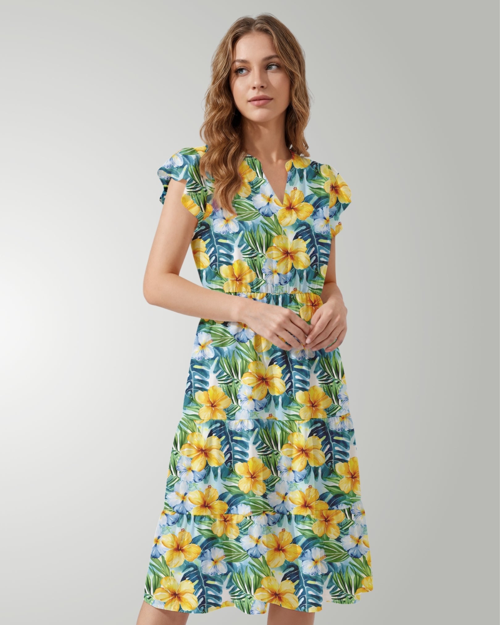Tiered Midi Dress - Yellow Hibiscus
