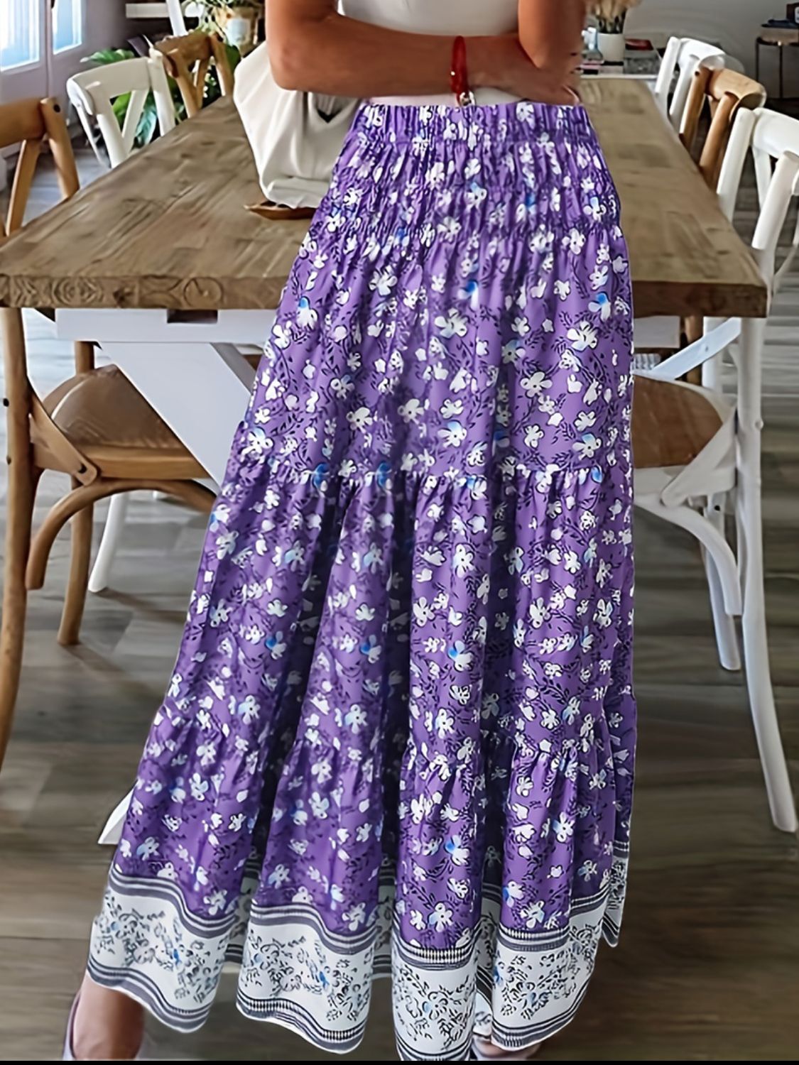 Full Size Tiered Printed Elastic Waist Skirt.